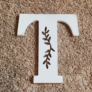 Hobby Lobby White Wooden Letter T Wall Decor with Leaf Cutout